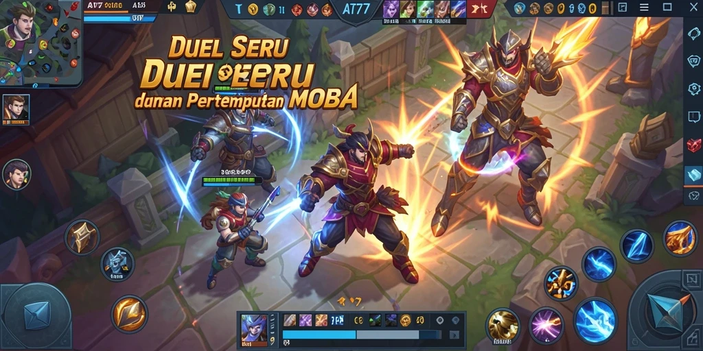 Tampilan seru gameplay MOBA dengan karakter yang beragam.