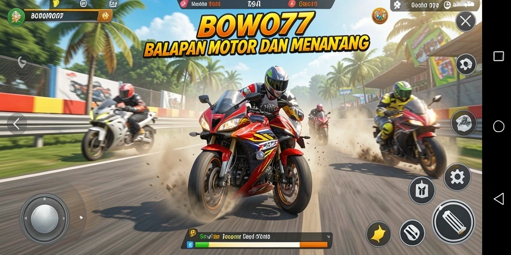 Gameplay BOWO77 menampilkan adrenalin tinggi di lintasan balap motor.