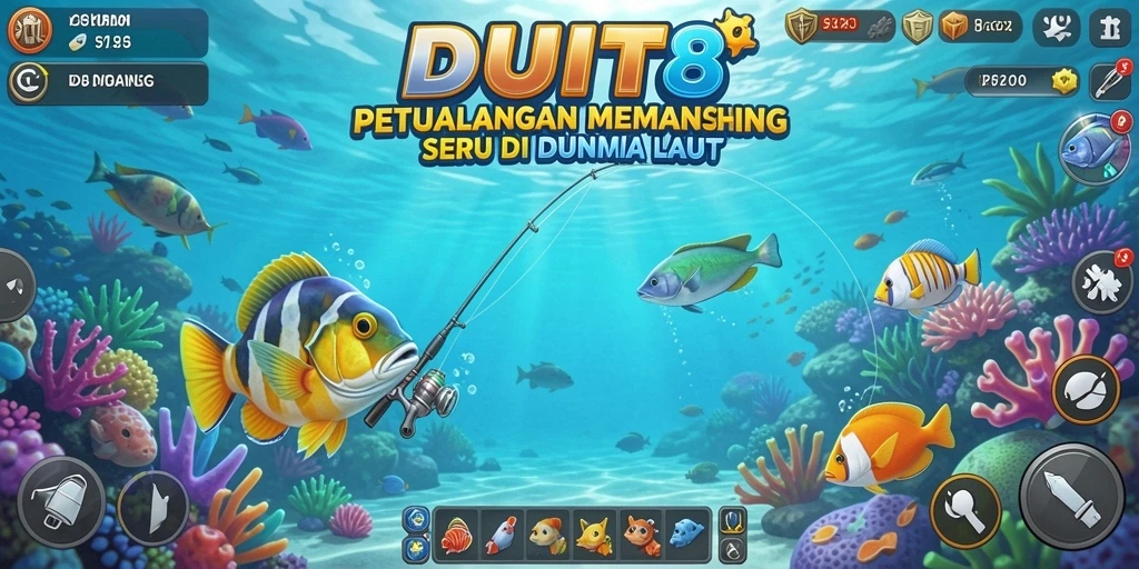 Tampilan gameplay DUIT8 yang menampilkan aktivitas memancing yang seru.