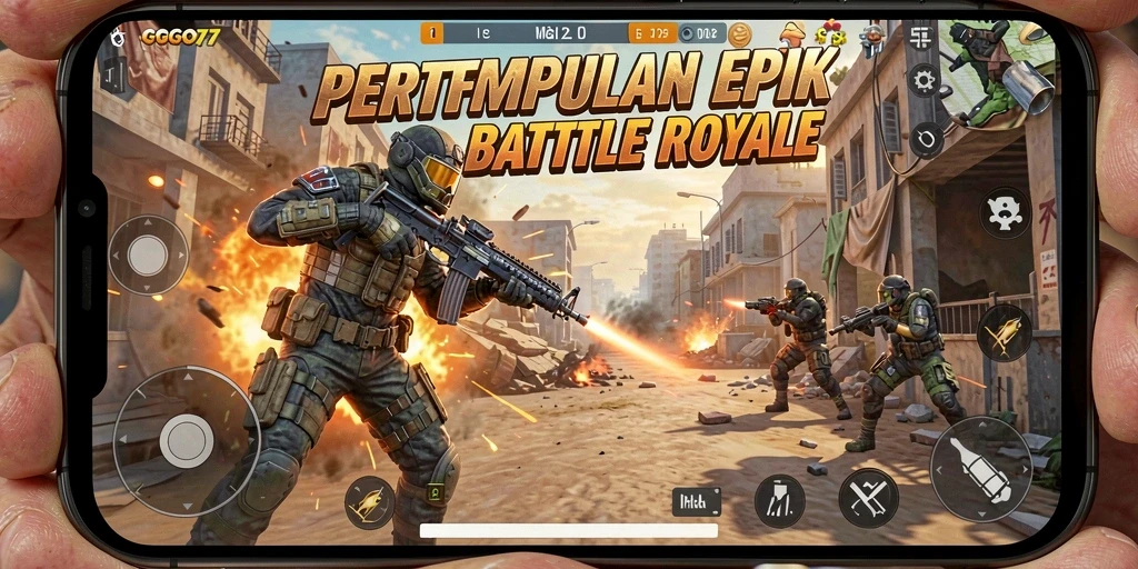 Gambar menampilkan aksi pertempuran intens dalam GOGO77 Battle Royale.