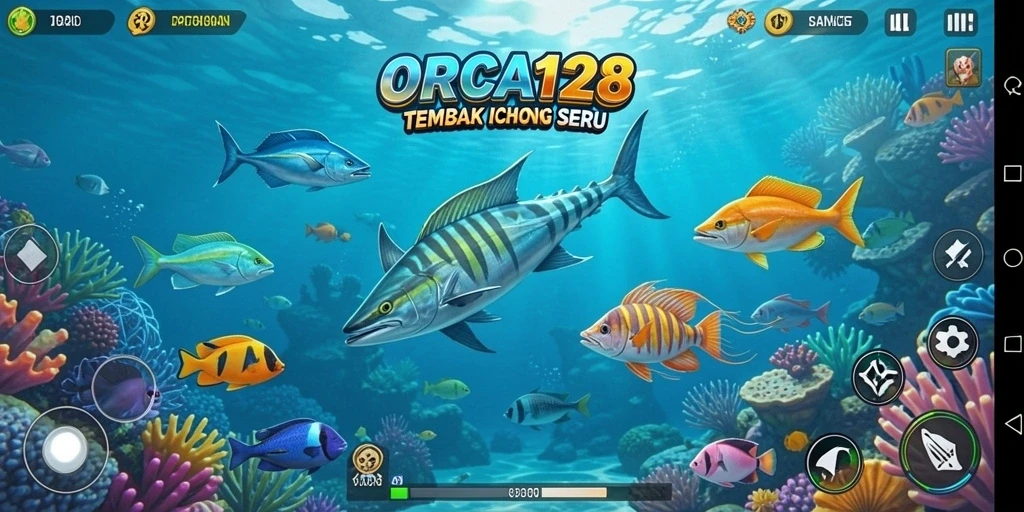 Tangkapan layar gameplay seru dari ORCA128 dengan berbagai ikan berwarna.