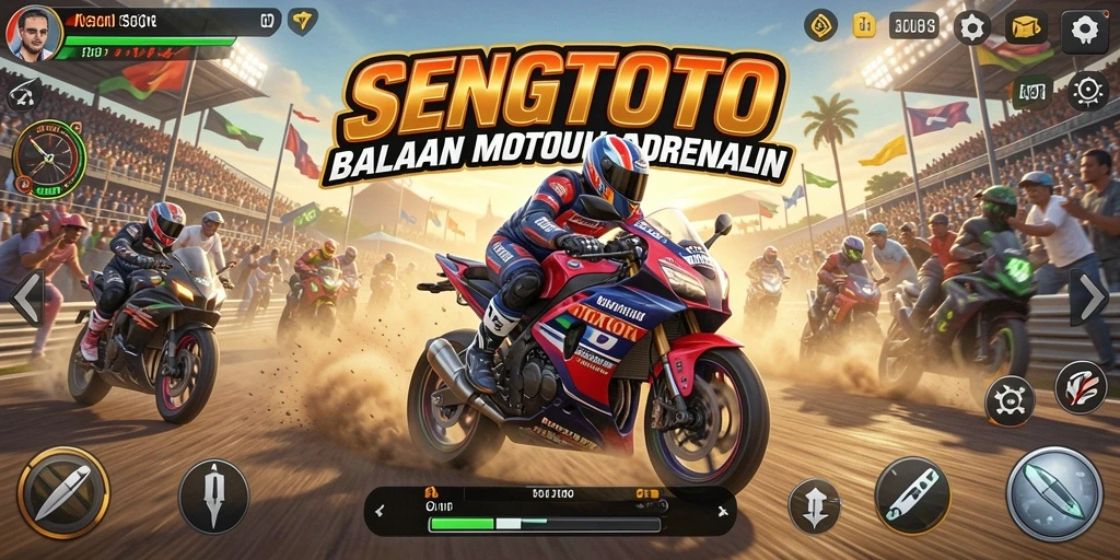Screenshot gameplay SENGTOTO dengan aksi balapan motor yang seru.